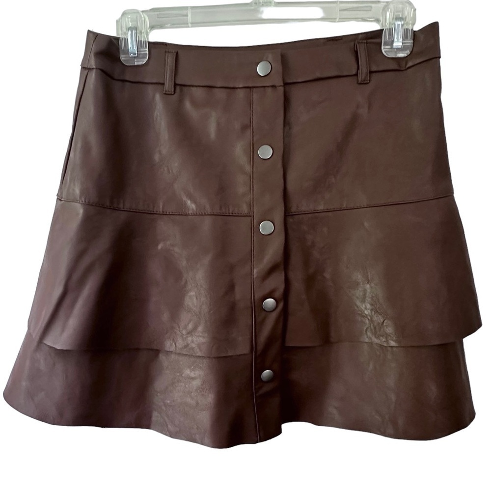 Haute Monde Chocolate Brown Faux Leather Tiered Mini Skirt with Snap Buttons